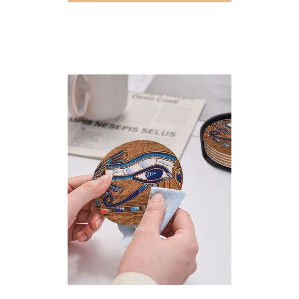 Set Of Six Leather Coasters Decorated With Ancient Egyptian Scenes Leather